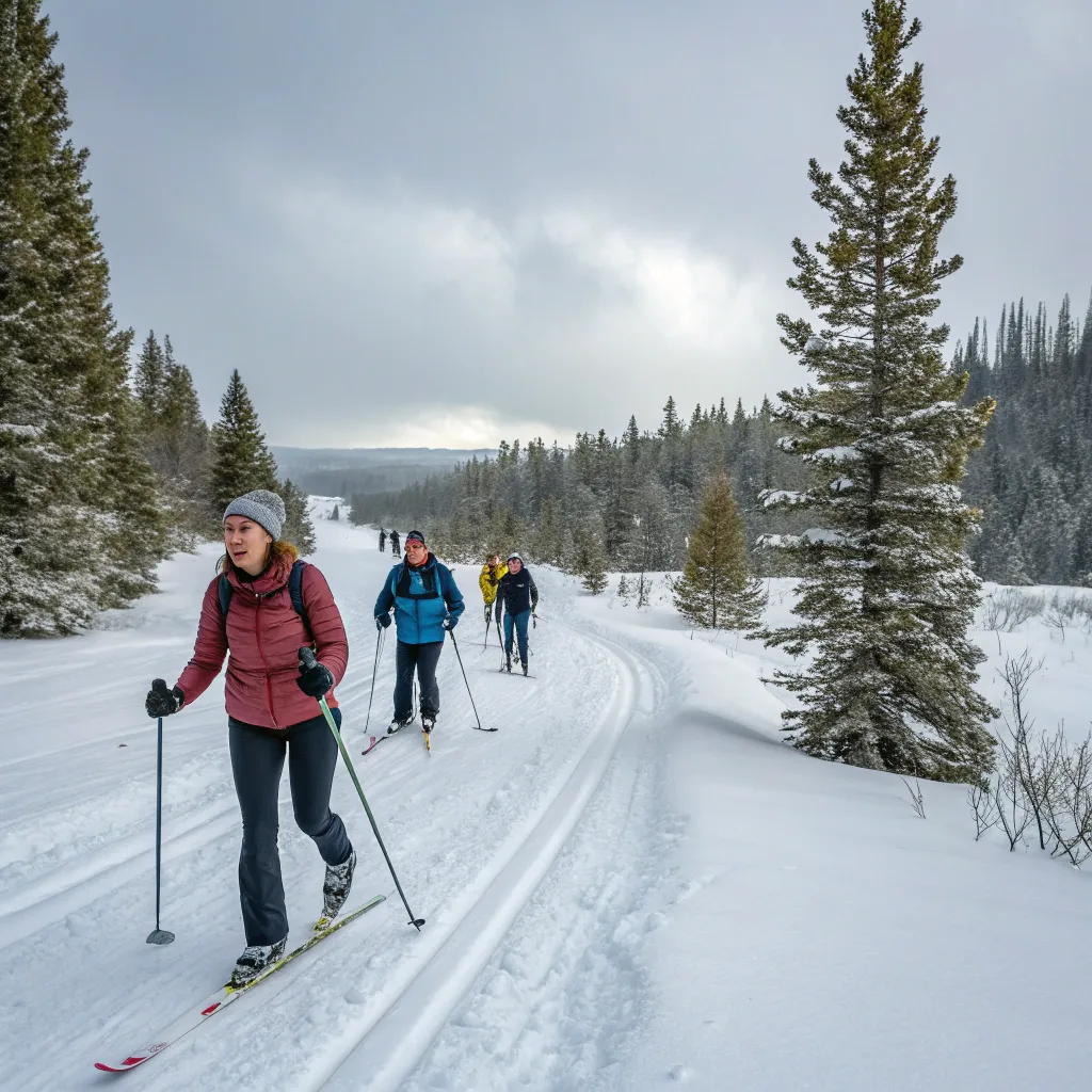 Group of people enjoying a cross-country skiing course
